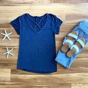 Olivaceous Women’s Cross Front Navy Tee, Size Small